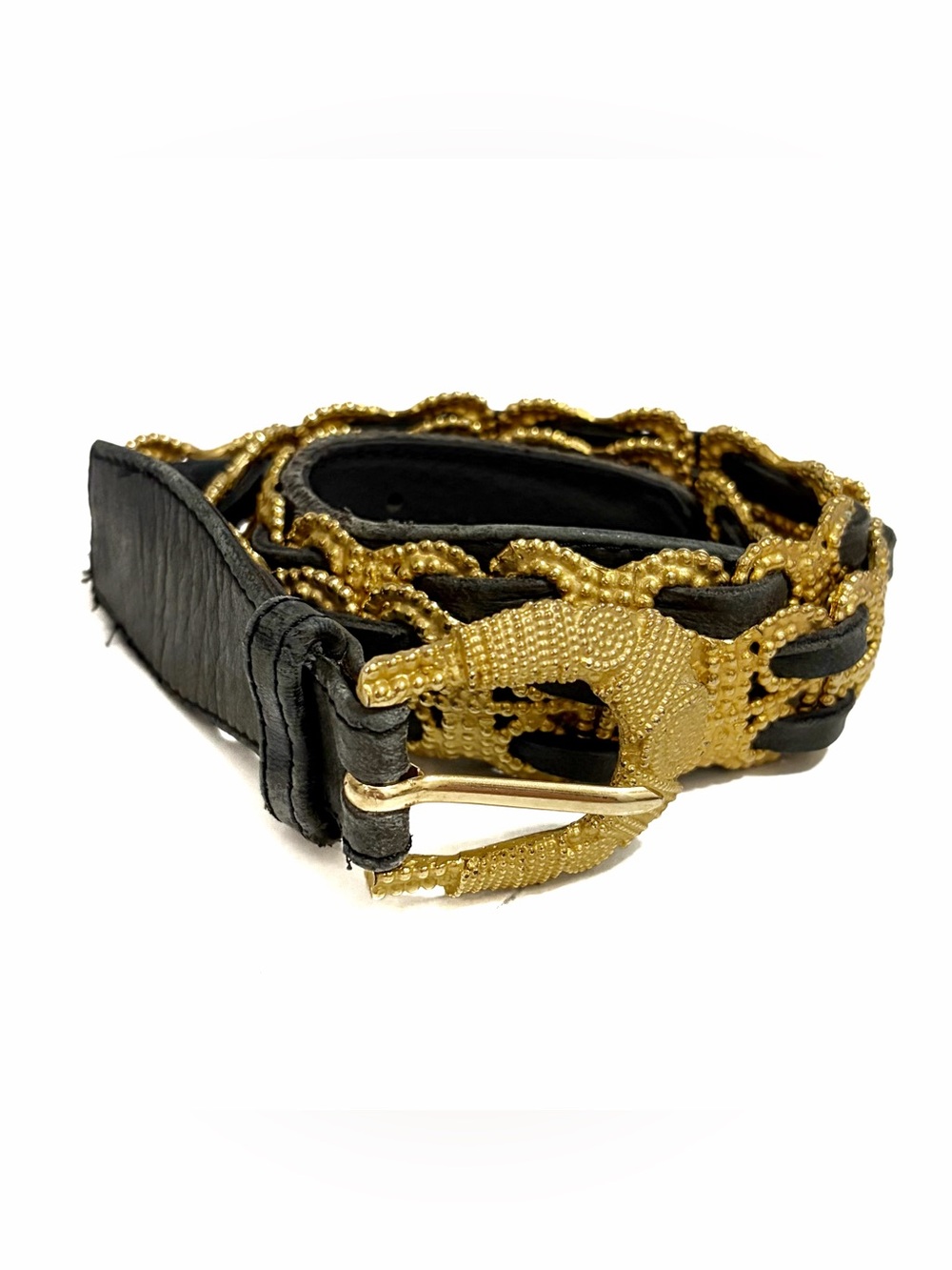 Damaged Vintage Gold & Black Braided Leather Belt with Decorative Buckle